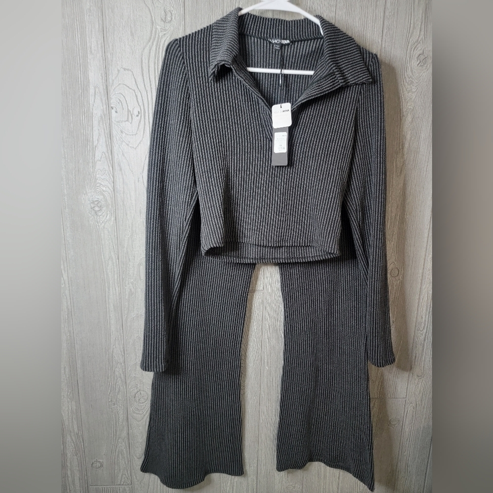 Fashion Nova Josie Ribbed Long Sleeve Set Charcoal Gray Flare Pants Crop Top L